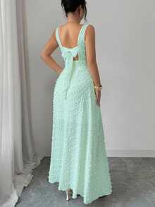 Elenzga New Sleeveless Square Neck Textured Knit Dress With Open Back Bow Tie Design, Elegant Fitted Party Dress - Mint Green - View 2