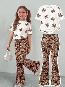 SHEIN Girlism 2件組 青少年女孩豹紋蝴蝶結圖案白色T恤與喇叭褲套裝，可愛夏季返校穿搭，青少年女孩休閒校服，度假風 - 彩色 - 查看 3