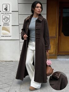 Vionelle 大尺碼女款秋季新款拿破崙風長款大衣，極簡俐落優雅時尚精緻拼接毛皮，正式場合辦公室棕色 - 摩卡棕 - 查看 6