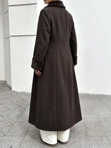 Vionelle 大尺碼女款秋季新款拿破崙風長款大衣，極簡俐落優雅時尚精緻拼接毛皮，正式場合辦公室棕色 - 摩卡棕 - 查看 2