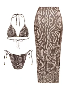 SHEIN Swim 女款夏季性感掛脖比基尼泳衣 3 件套，適合海灘度假 - 彩色 - 查看 2