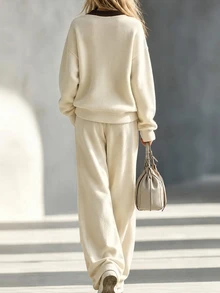 INAWLY Women's Casual, Minimalist Apricot-Toned Color-Block V-Neck Sweatshirt And Joggers Set-Suitable For - Multicolor - View 2