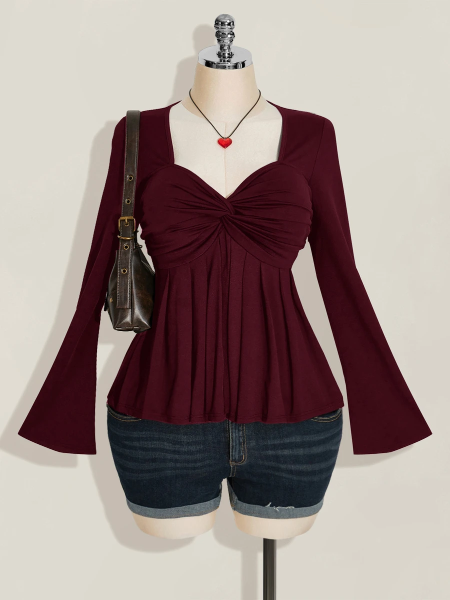 SHEIN ICON Plus Size Women's Chest Twist Babydoll Knit Top, Burgundy ...
