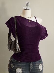 SHEIN ICON Plus Size Solid Color Asymmetrical Collar T-Shirt, Summer - Purple - View 8