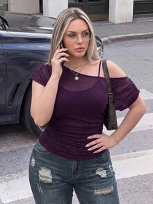 SHEIN ICON Plus Size Solid Color Asymmetrical Collar T-Shirt, Summer - Purple - View 2