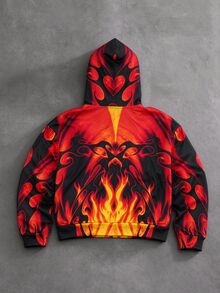 ROMWE MEN American Street Style Hellfire Graphic Thermal Lined Zip-Up Hoodie - Multicolor - View 2