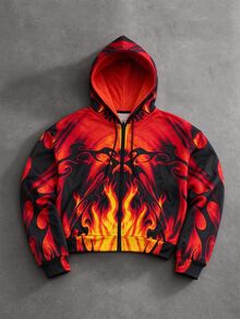 ROMWE MEN American Street Style Hellfire Graphic Thermal Lined Zip-Up Hoodie - Multicolor - View 1