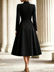 SHEIN New Women's V-Neck Waist-Cinching Mid-Length Dress For Commuting And Banquet - Black - View 2