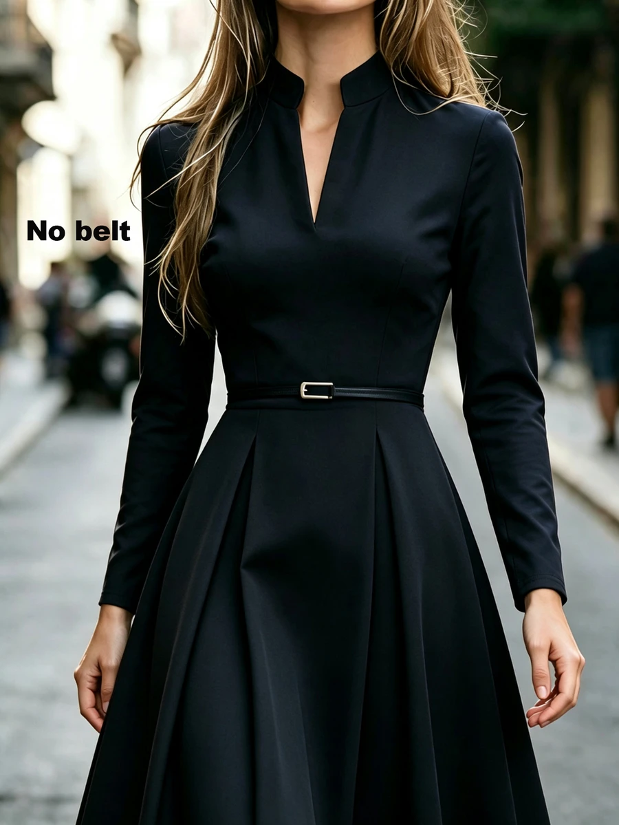 SHEIN New Women's V-Neck Waist-Cinching Mid-Length Dress For Commuting And Banquet - Black - View 1