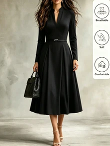 SHEIN New Women's V-Neck Waist-Cinching Mid-Length Dress For Commuting And Banquet - Black - View 7