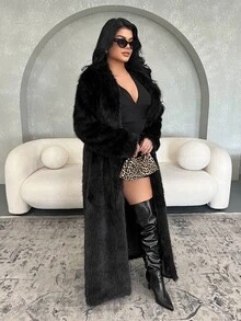 SHEIN SXY Black Fluffy Coat, Thick & Long, Autumn/Winter - Black - View 4