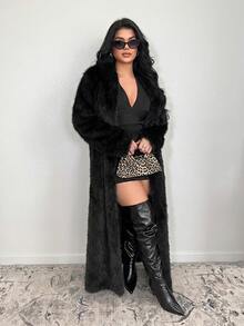 SHEIN SXY Black Fluffy Coat, Thick & Long, Autumn/Winter - Black - View 1