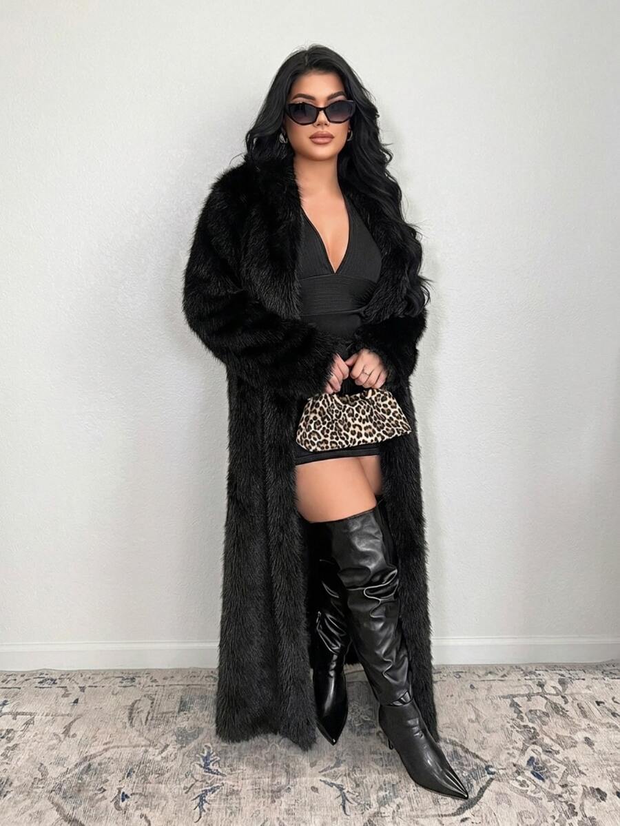 SHEIN SXY Black Fluffy Coat, Thick & Long, Autumn/Winter - Black - View 1