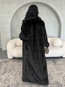 SHEIN SXY Black Fluffy Coat, Thick & Long, Autumn/Winter - Black - View 2