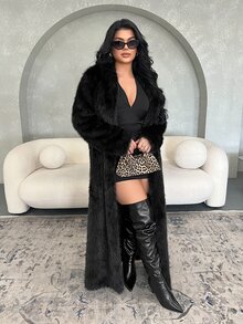 SHEIN SXY Black Fluffy Coat, Thick & Long, Autumn/Winter - Black - View 3