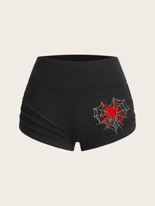 SHEIN EZwear 休閒極簡風女款低腰緊身短褲，蜘蛛圖案 - 灰色 - 查看 7