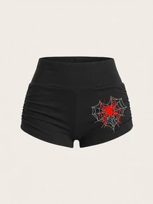 SHEIN EZwear 休閒極簡風女款低腰緊身短褲，蜘蛛圖案 - 灰色 - 查看 6
