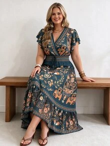 Ceyna 女款大尺碼夏季波西米亞風深綠色大象印花長洋裝，V領短袖抽褶腰A字長裙，波西米亞度假海灘風 - 彩色 - 查看 3