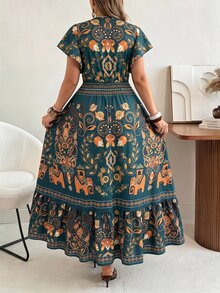 Ceyna 女款大尺碼夏季波西米亞風深綠色大象印花長洋裝，V領短袖抽褶腰A字長裙，波西米亞度假海灘風 - 彩色 - 查看 2