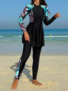 SHEIN Swim Women's Tropical Printed Splice Burkini, Suitable For Vacation & Beach For Summer - Multicolor - View 6