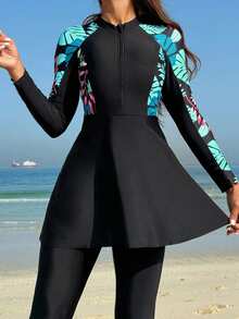 SHEIN Swim Women's Tropical Printed Splice Burkini, Suitable For Vacation & Beach For Summer - Multicolor - View 5