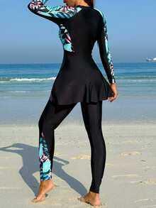 SHEIN Swim Women's Tropical Printed Splice Burkini, Suitable For Vacation & Beach For Summer - Multicolor - View 2