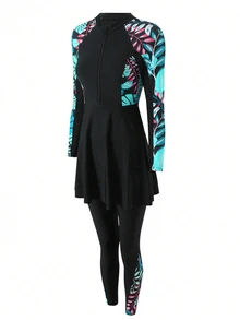 SHEIN Swim Women's Tropical Printed Splice Burkini, Suitable For Vacation & Beach For Summer - Multicolor - View 3