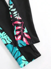 SHEIN Swim Women's Tropical Printed Splice Burkini, Suitable For Vacation & Beach For Summer - Multicolor - View 4