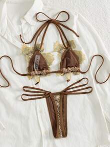 SHEIN Swim 2pcs/Set New Textured Micro Triangle Cup Halter Neck Floral Decor Elegant Cute Chocolate Brown Summer Bikini Set,Suitable  Beach Party Holiday,Pool - Brown - View 3