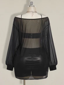 SHEIN ICON Plus Size Y2K Retro Punk Print Mesh Sheer Wide Open Slit Mini Dress Gothic Dress Graphic Print Dress Long Sleeve Dress Gothic Tops Fall - Black - View 9