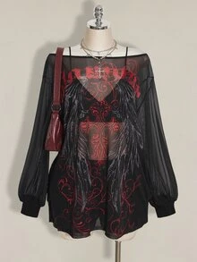 SHEIN ICON Plus Size Y2K Retro Punk Print Mesh Sheer Wide Open Slit Mini Dress Gothic Dress Graphic Print Dress Long Sleeve Dress Gothic Tops Fall - Black - View 1