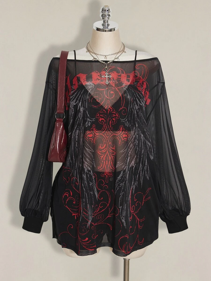 SHEIN ICON Plus Size Y2K Retro Punk Print Mesh Sheer Wide Open Slit Mini Dress Gothic Dress Graphic Print Dress Long Sleeve Dress Gothic Tops Fall - Black - View 1