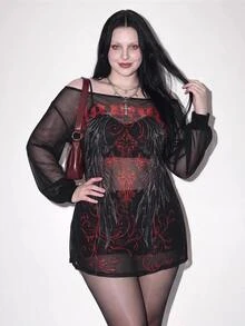 SHEIN ICON Plus Size Y2K Retro Punk Print Mesh Sheer Wide Open Slit Mini Dress Gothic Dress Graphic Print Dress Long Sleeve Dress Gothic Tops Fall - Black - View 2