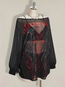 SHEIN ICON Plus Size Y2K Retro Punk Print Mesh Sheer Wide Open Slit Mini Dress Gothic Dress Graphic Print Dress Long Sleeve Dress Gothic Tops Fall - Black - View 6