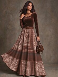 Elenzga Women's Fashion New Brown Square Neck Printed Fitted Base Layer Retro Lazy Weekend Holiday Travel 2 Pieces Set - Brown - View 6