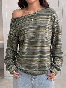 SHEIN EZwear Women's Fashion Asymmetric Shoulder Striped Colorblock Sweatshirt - Multicolor - View 3