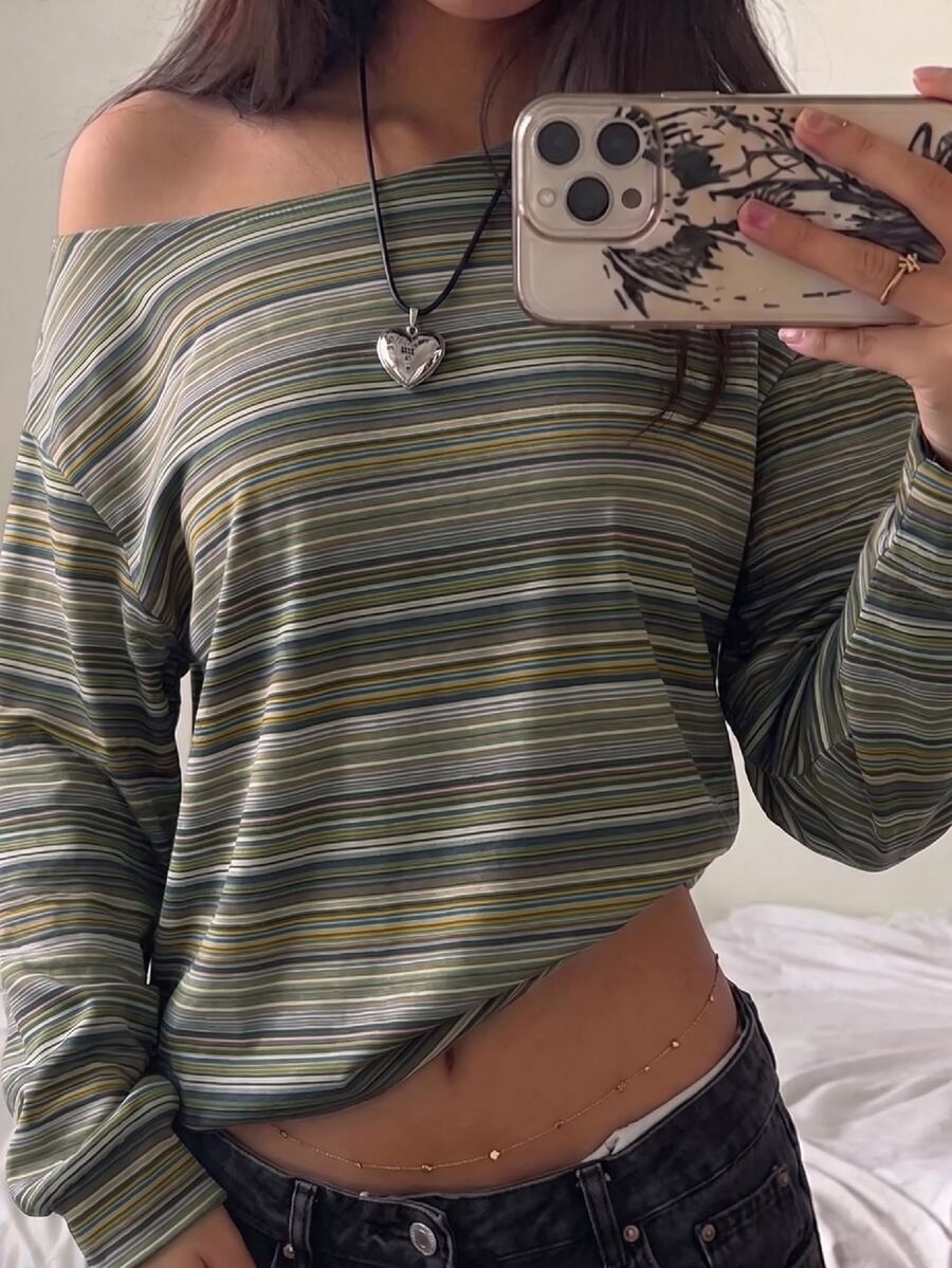 SHEIN EZwear Women's Fashion Asymmetric Shoulder Striped Colorblock Sweatshirt - Multicolor - View 1