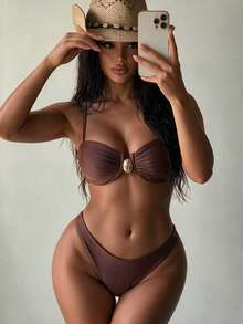 SHEIN Swim Solid Color Spaghetti Strap Underwired Top And Swim Bottoms, Summer Women Swimwear Set - Coffee Brown - View 2
