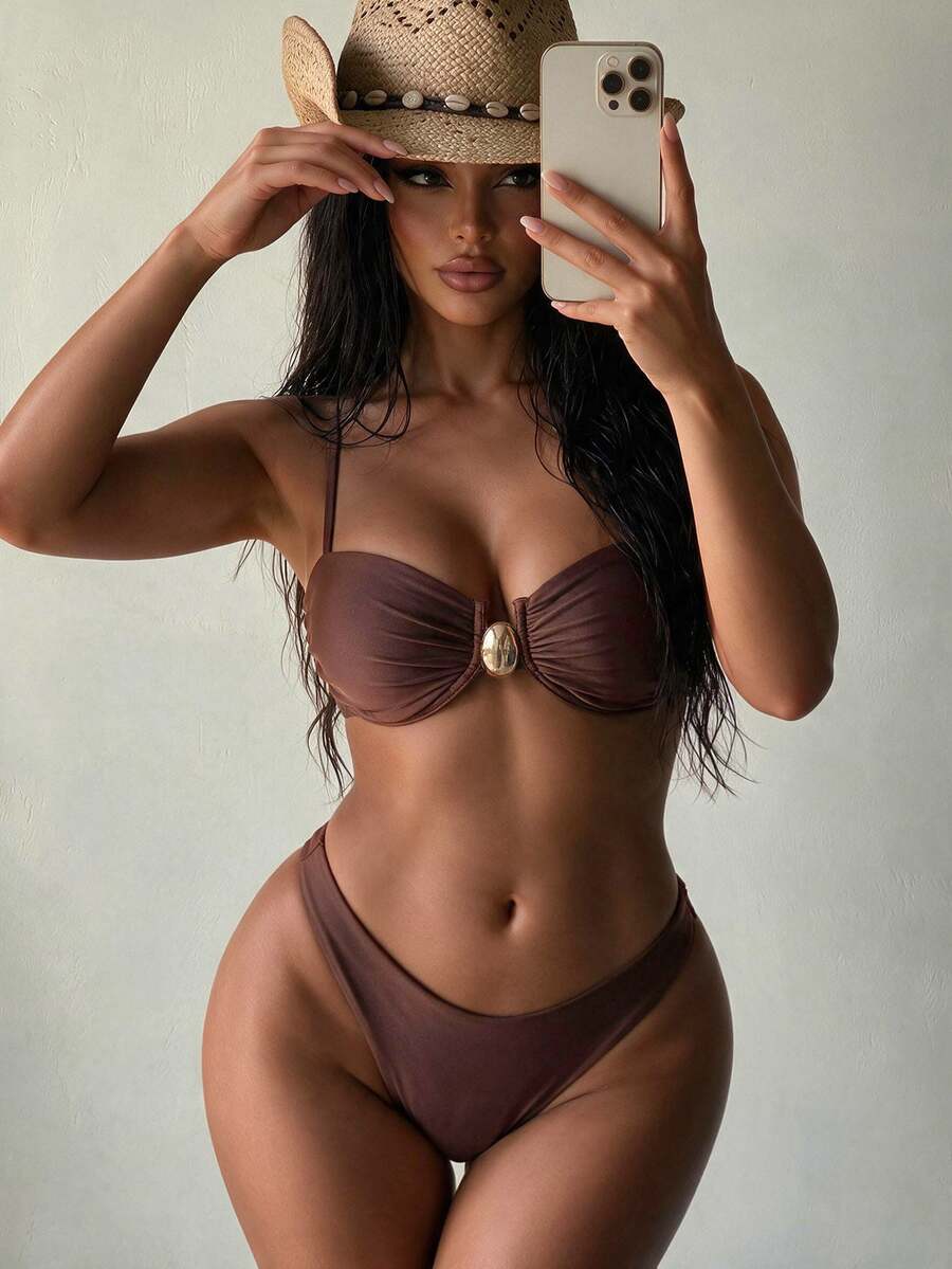 SHEIN Swim Solid Color Spaghetti Strap Underwired Top And Swim Bottoms, Summer Women Swimwear Set
