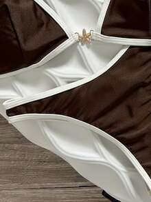 SHEIN Swim Solid Color Triangle Halter Backless Bikini Top And Shorts Women Sexy Swimwear Set For Beach Vacation, Spring/Summer - Coffee Brown - View 6