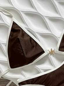 SHEIN Swim Solid Color Triangle Halter Backless Bikini Top And Shorts Women Sexy Swimwear Set For Beach Vacation, Spring/Summer - Coffee Brown - View 5