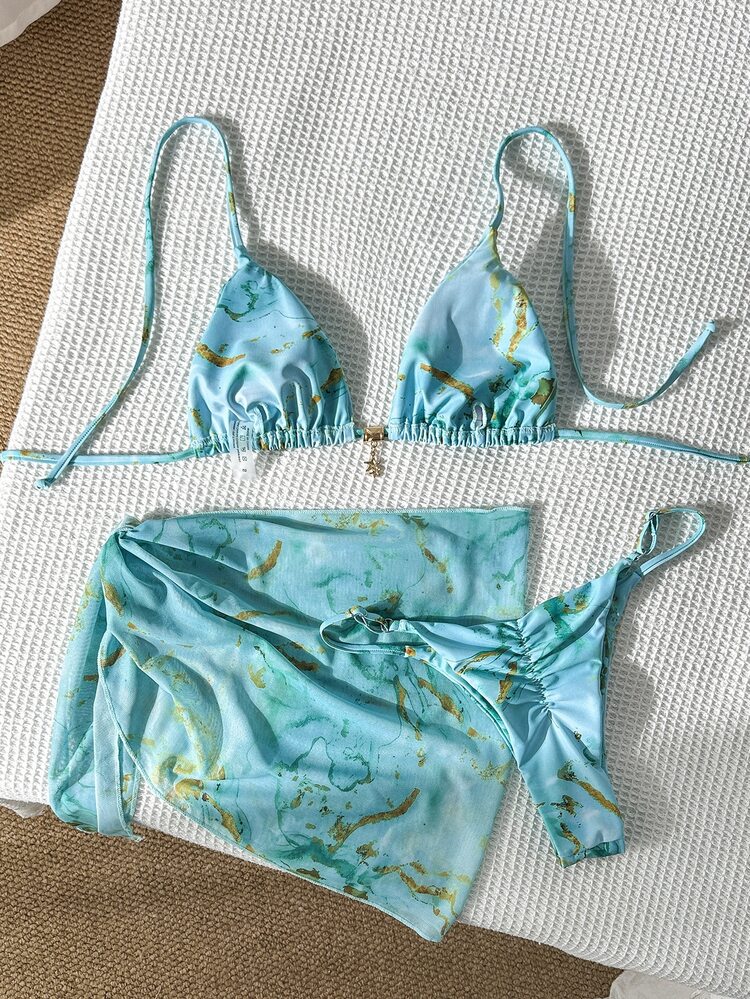 SHEIN Swim Women's Spring/Summer Random Print Halter Neck Metal Decor Skirt 3-Piece Bikini Set - Multicolor - View 5