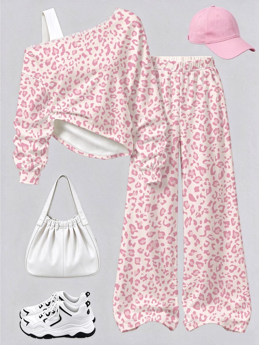 SHEIN Tween Girls Leopard Print Off-Shoulder Sweatshirt & Wide Leg Pants Set, Pink & White, Cozy Casual (2 Pcs) Fall Winter - Multicolor - View 1