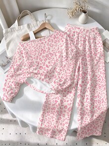 SHEIN Tween Girls Leopard Print Off-Shoulder Sweatshirt & Wide Leg Pants Set, Pink & White, Cozy Casual (2 Pcs) Fall Winter - Multicolor - View 4