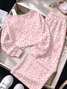 SHEIN Tween Girls Leopard Print Off-Shoulder Sweatshirt & Wide Leg Pants Set, Pink & White, Cozy Casual (2 Pcs) Fall Winter - Multicolor - View 3