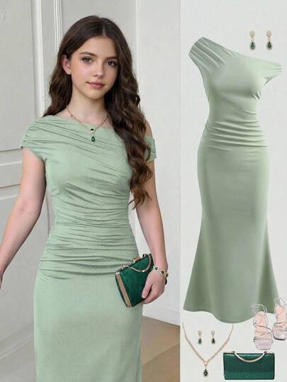 SHEIN Girlism Elegant Party Solid Color Asymmetric Neck Fishtail Dress For Teen Girls,Mermaid Evening Wear Wedding Guest,Sage Green Formal One Shoulder Dress,Kids