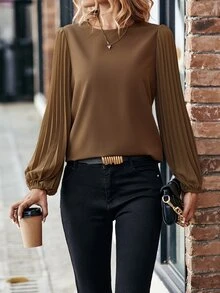 Balvessa Pleated Lantern Sleeve Blouse,Long Sleeve Tops Fall Cloth For Women - Coffee Brown - View 4