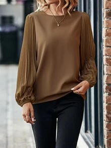 Balvessa Pleated Lantern Sleeve Blouse,Long Sleeve Tops Fall Cloth For Women - Coffee Brown - View 7