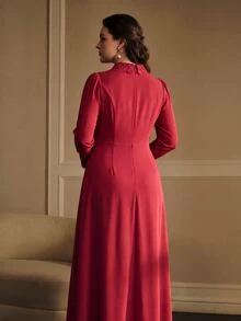 MOTF PREMIUM PLUS SIZE WOMEN'S ELEGANT LACE PATCHWORK AUTUMN/WINTER DRESS FALL - Red - View 4