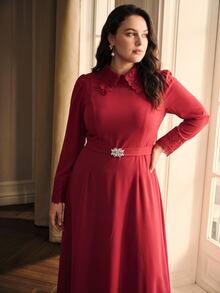 MOTF PREMIUM PLUS SIZE WOMEN'S ELEGANT LACE PATCHWORK AUTUMN/WINTER DRESS FALL - Red - View 6